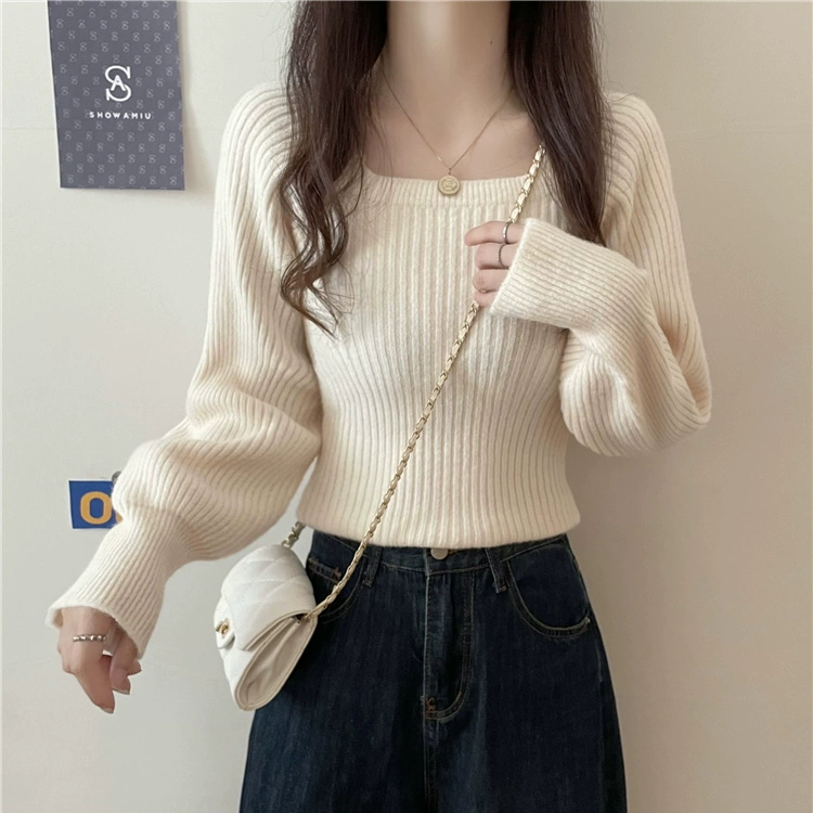 法式小众方领毛衣女内搭春秋别致短款灯笼袖上衣方领针织打底衫女
