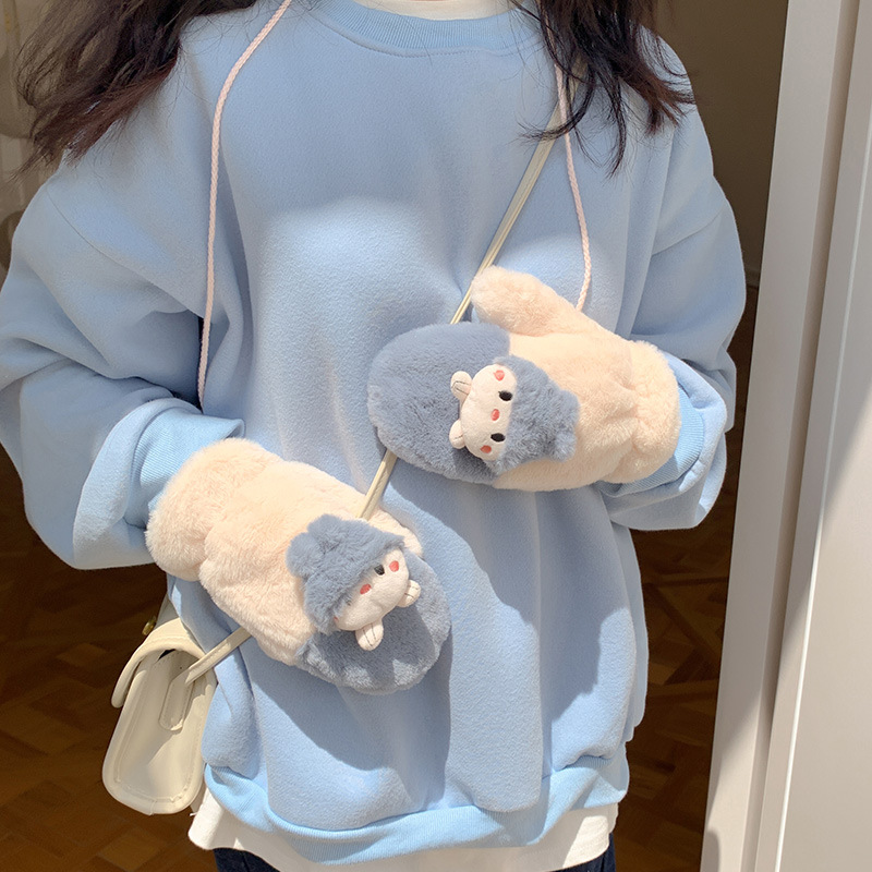 时尚卡通手套女秋冬天学生加绒加厚保暖毛绒可爱娃娃头全指厚韩版