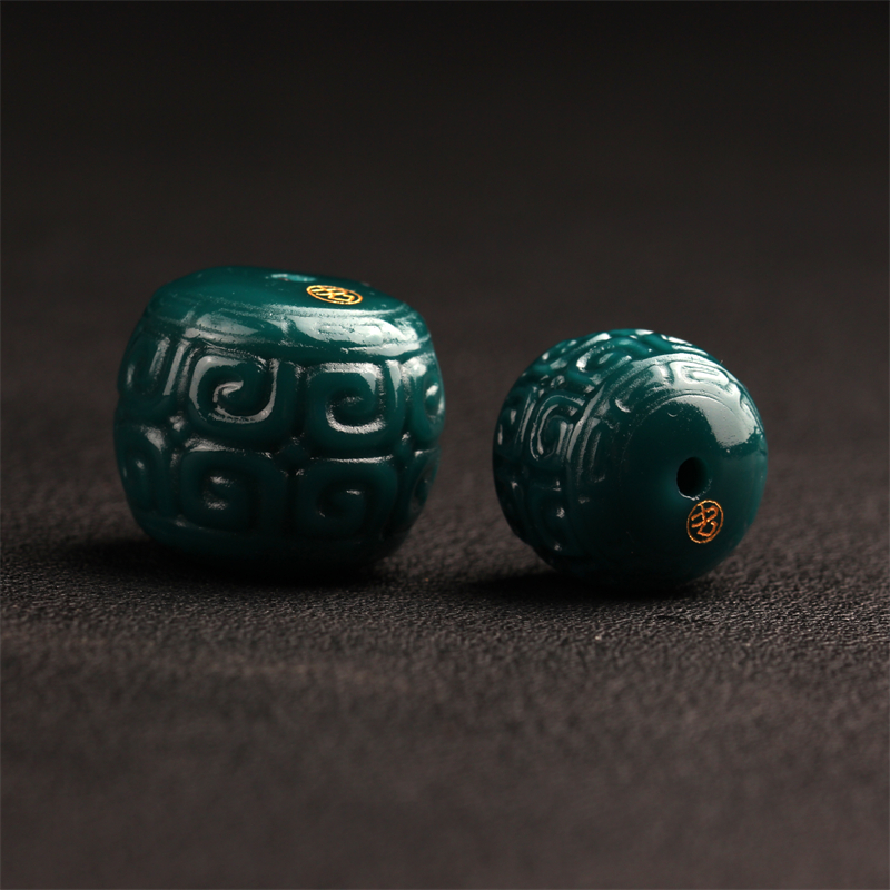 藏式文玩佛珠手串配饰深绿色回纹雪巴琉璃桶珠diy饰品配件