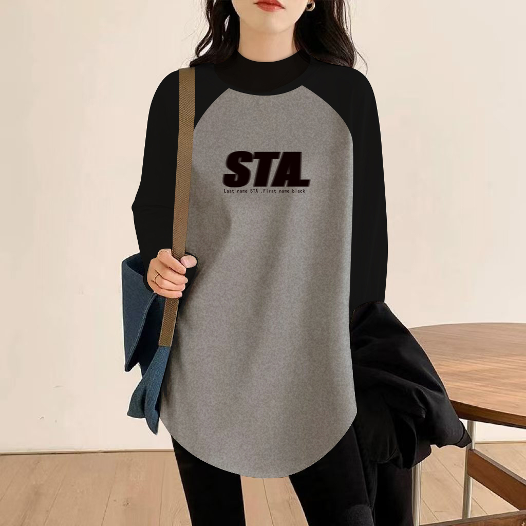 半高领德绒加厚中长款拼色插肩长袖上衣女2024秋冬大码内搭打底衫