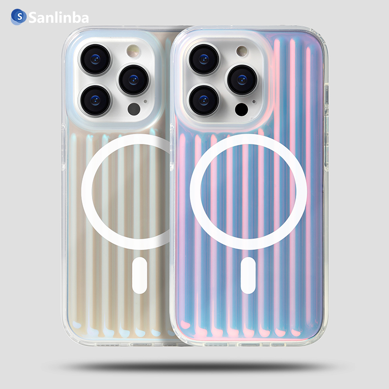 Sanlinba渐变瓦楞条纹磁吸手机壳适用苹果iPhone17ProMax简约透明