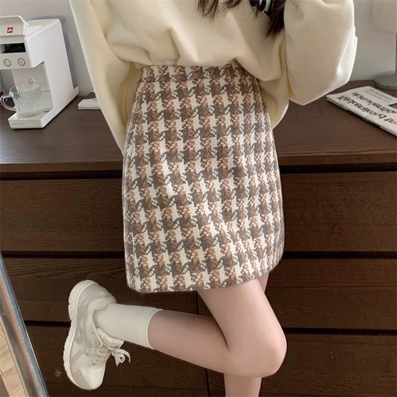 【小扬哥推荐】千鸟格毛呢半身裙女2023秋冬新款大码高腰短裙法式