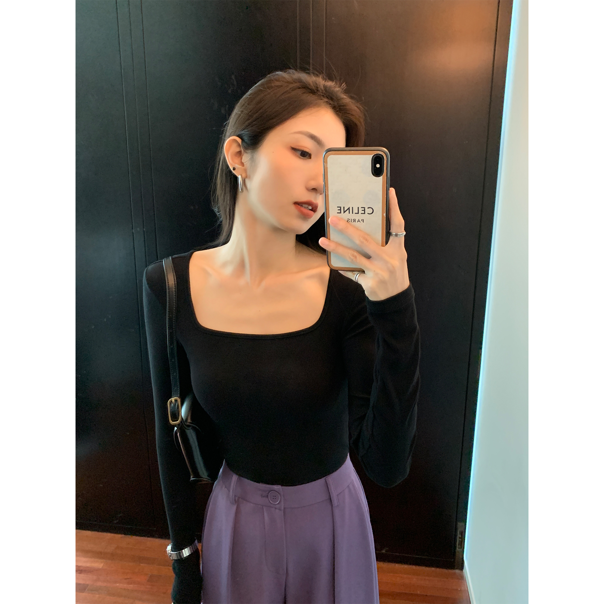 法式方领上衣女秋冬修身纯欲风磨毛加薄绒复古chic打底衫长袖t恤