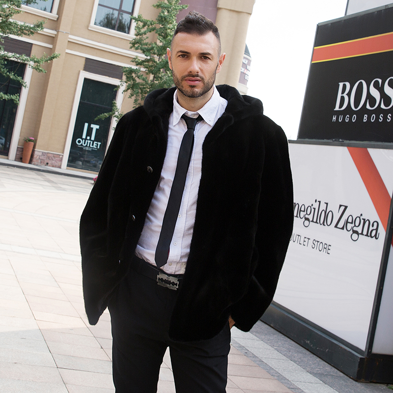 018富贵龙至尊宝嘉美高端貂皮翻领连帽大衣男士休闲中长款黑色