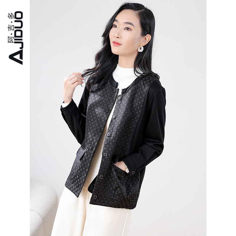 阿吉多黑色外套女2024新款春秋季时尚拼接假两件夹克长袖大码上衣
