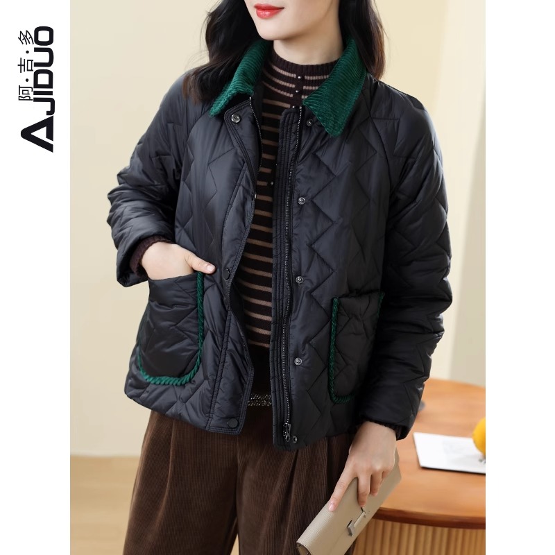 阿吉多A62929休闲翻领棉服短外套女减龄保暖宽松遮肉显瘦短款外套