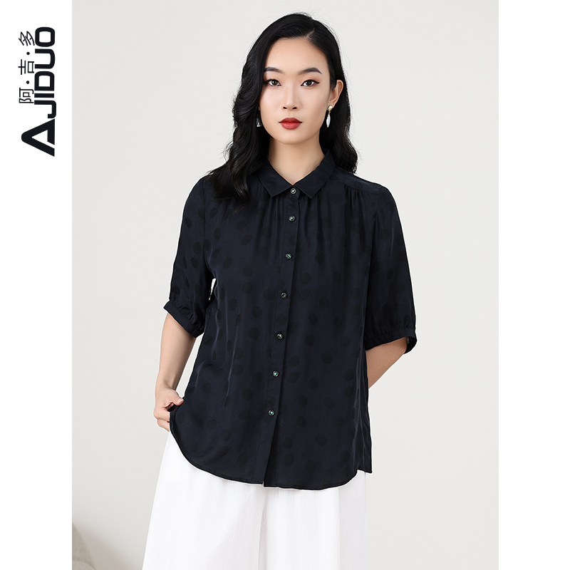 阿吉多A78986单排扣波点铜氨丝衬衫女夏季洋气妈妈装大码宽松上衣