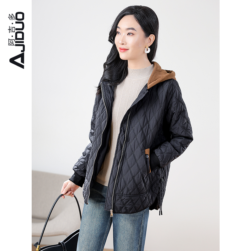 阿吉多长袖棉服女2024年新款冬季菱格纹棉衣黑色保暖初冬棉袄外套