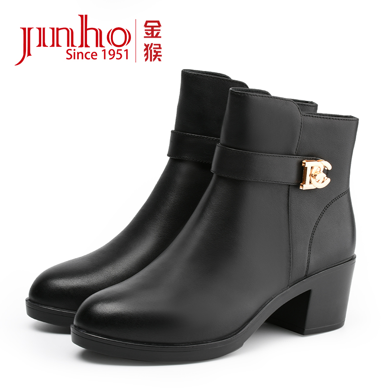 Jinho/金猴粗跟加绒冬季舒适时尚真皮保暖百搭短筒女短靴Q40020A