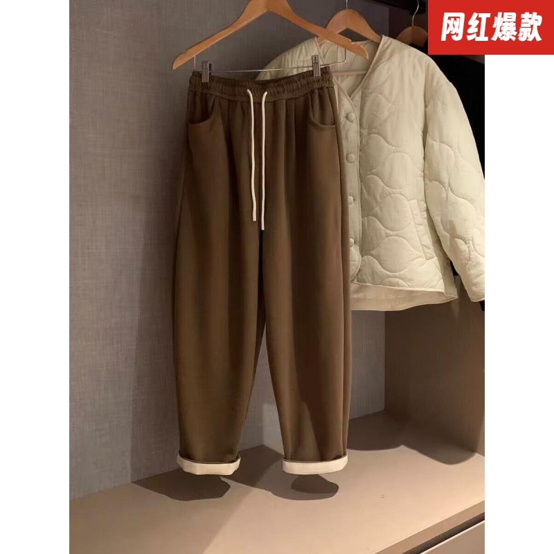 秋冬2023新款加厚加绒小众高腰宽松显瘦小个子休闲哈伦卫裤女裤子