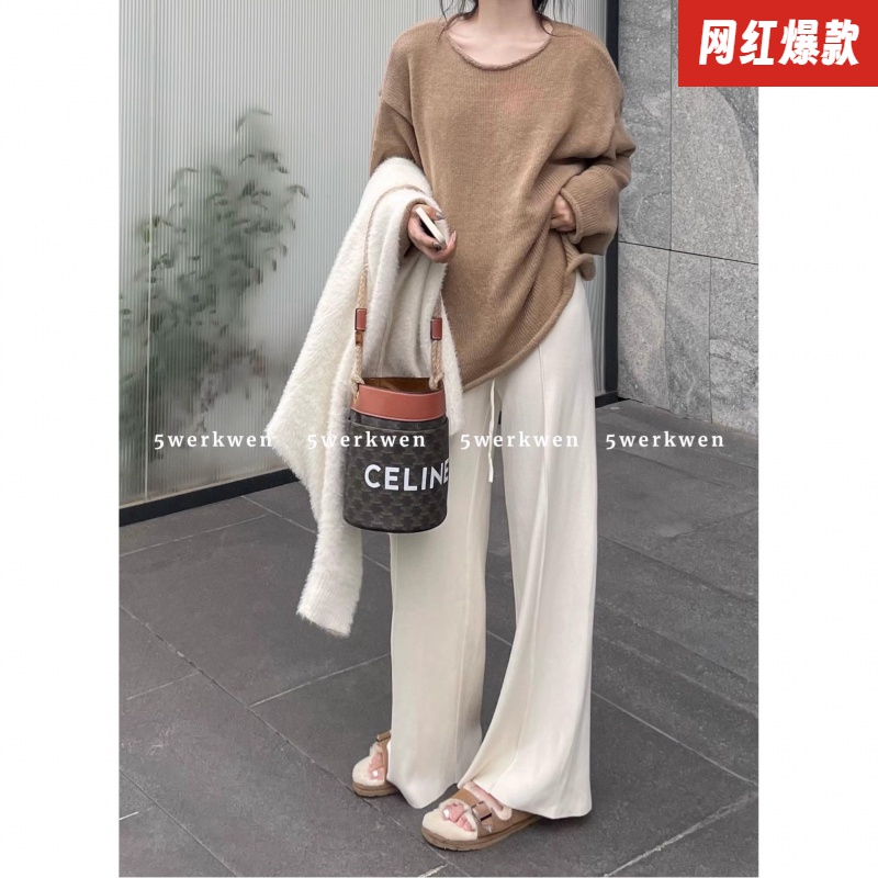 奶杏白色竖条纹百搭巨显瘦休闲裤软糯抽绳拖地针织裤女秋冬奶奶裤