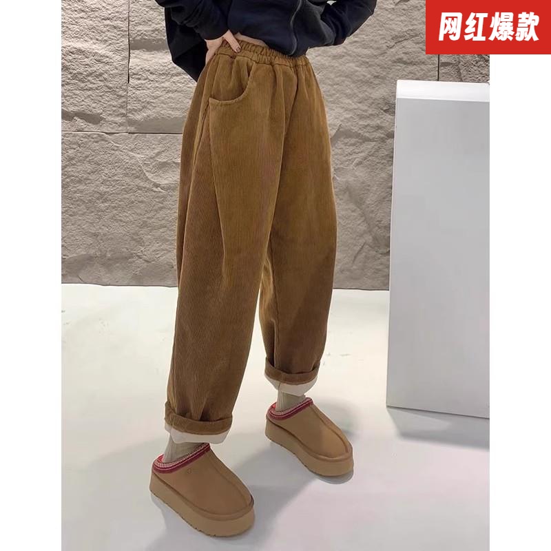 裤子2023新款今年流行小个子灯芯绒加绒加厚咖色卫裤女秋冬休闲裤