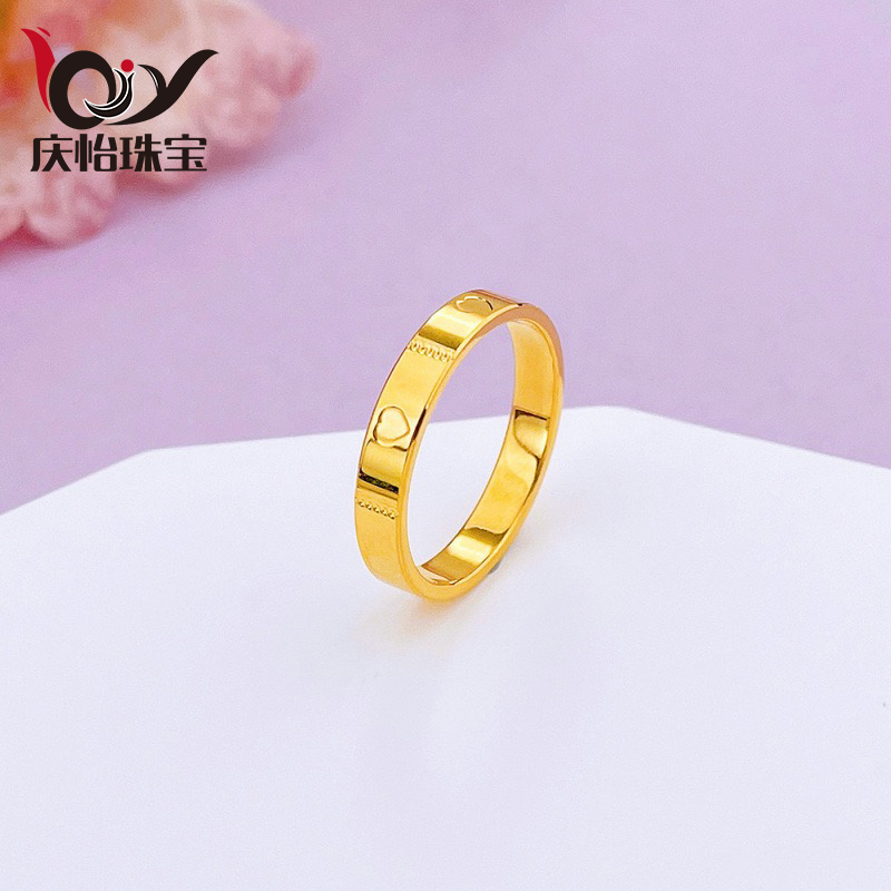 999足金爱心黄金戒指女款5G工艺满圈浪漫心形素圈指环小桃心送礼