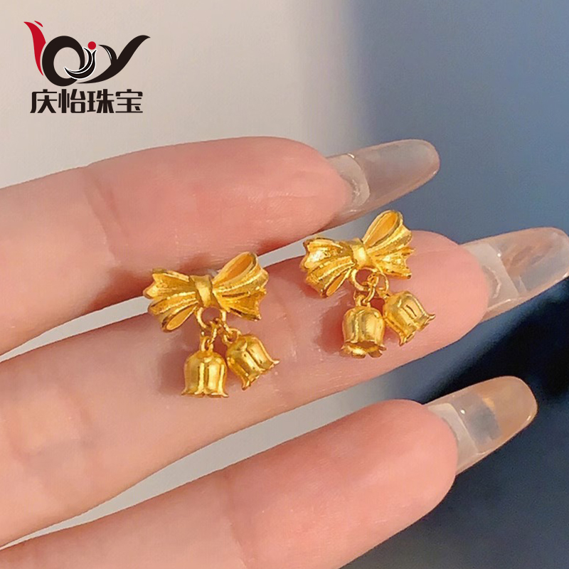 黄金铃兰花耳钉女时尚小众设计感999足金蝴蝶结耳环耳饰生日礼物