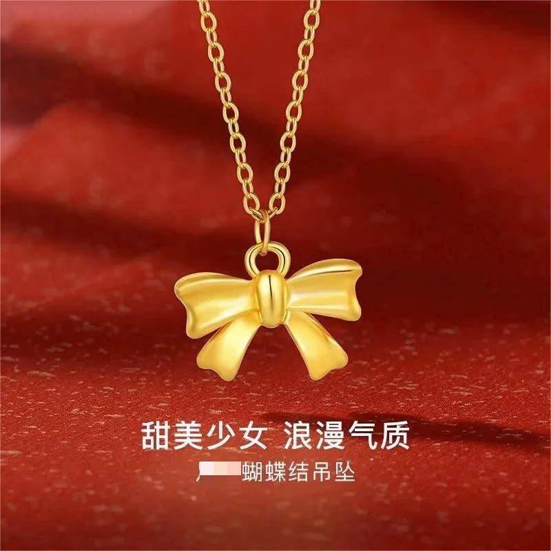 999足金蝴蝶结黄金吊坠女3D硬金在逃公主项链锁骨链送女友礼物