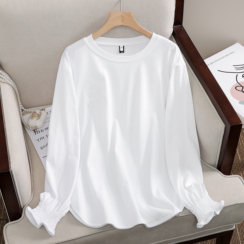 纯棉大码宽松荷叶袖打底衫女春秋冬装时尚圆领长袖t恤卫衣白色