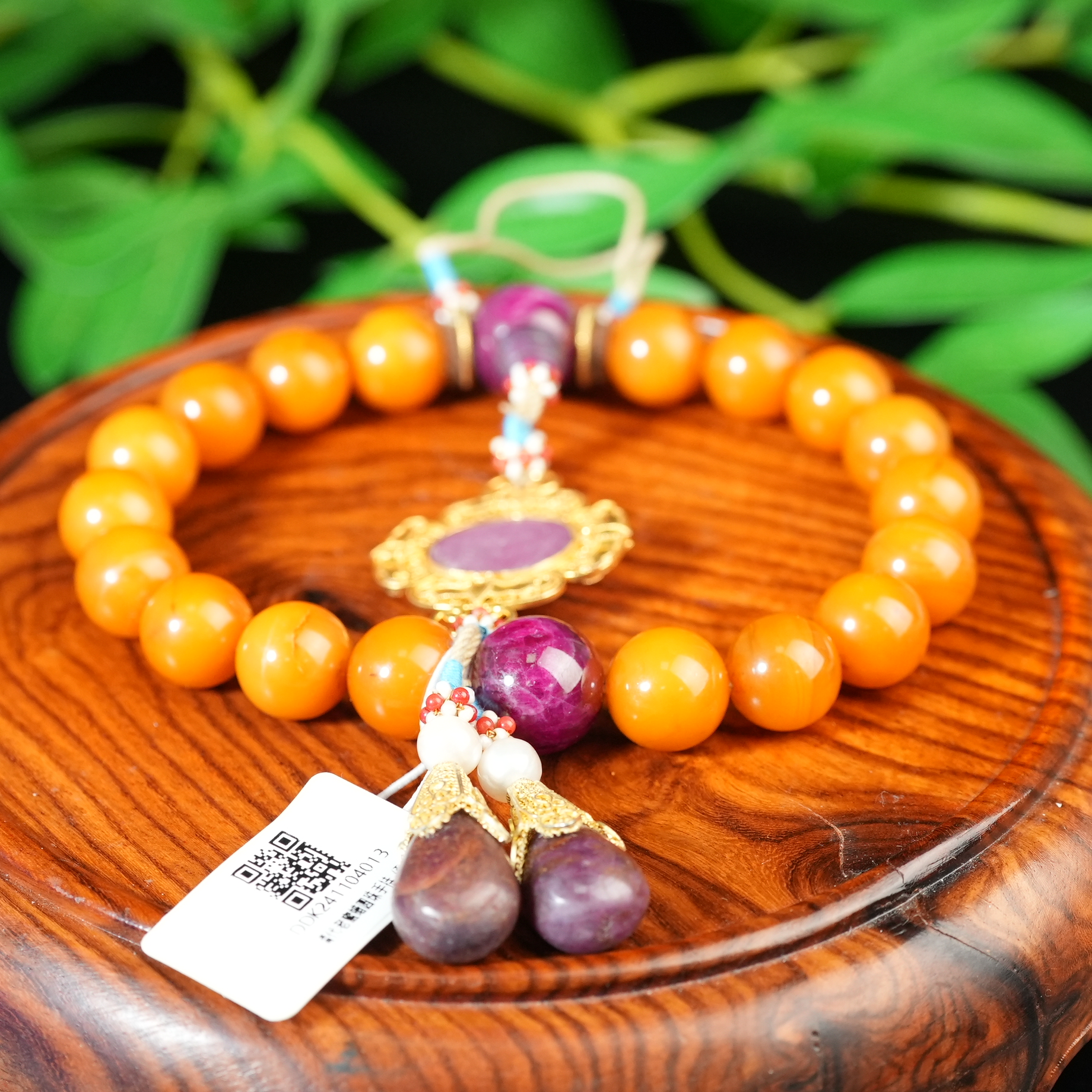 清代老蜜蜡圆珠手持（配饰红宝石）【华豫之门】DDK241104013