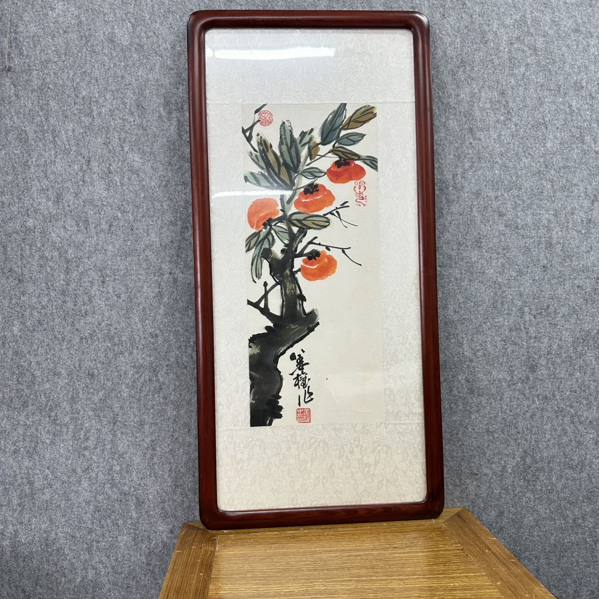  国画《柿子》柿子 姜权 纯手绘 实木框裱 35*75cm