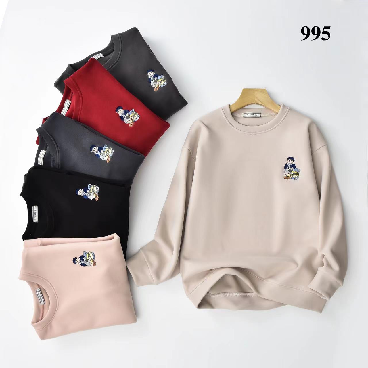 995加厚防风慕斯绒 小熊 刺绣 卫衣 弹力显瘦百搭