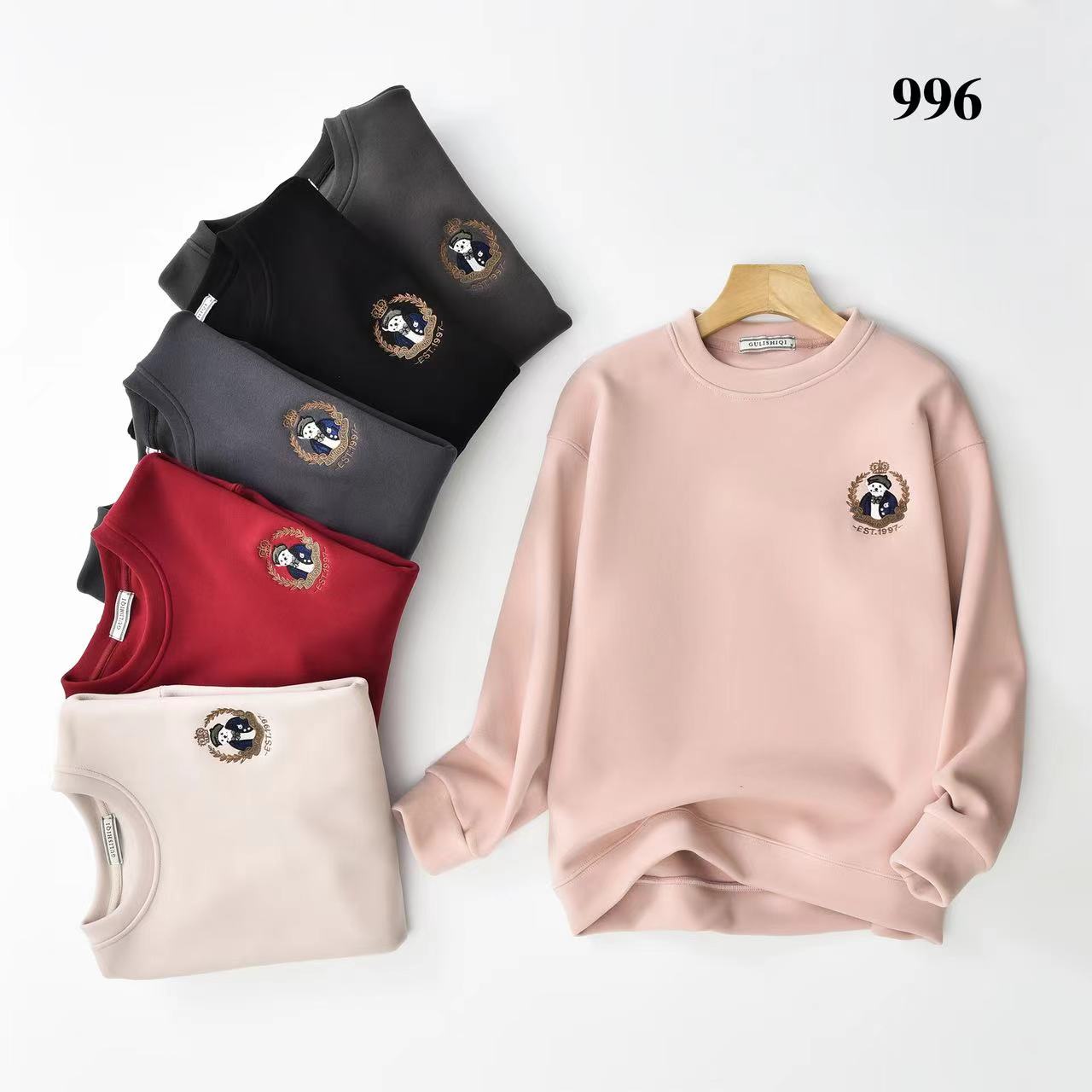 996加厚防风慕斯绒 圆小熊 刺绣 卫衣 弹力显瘦百搭