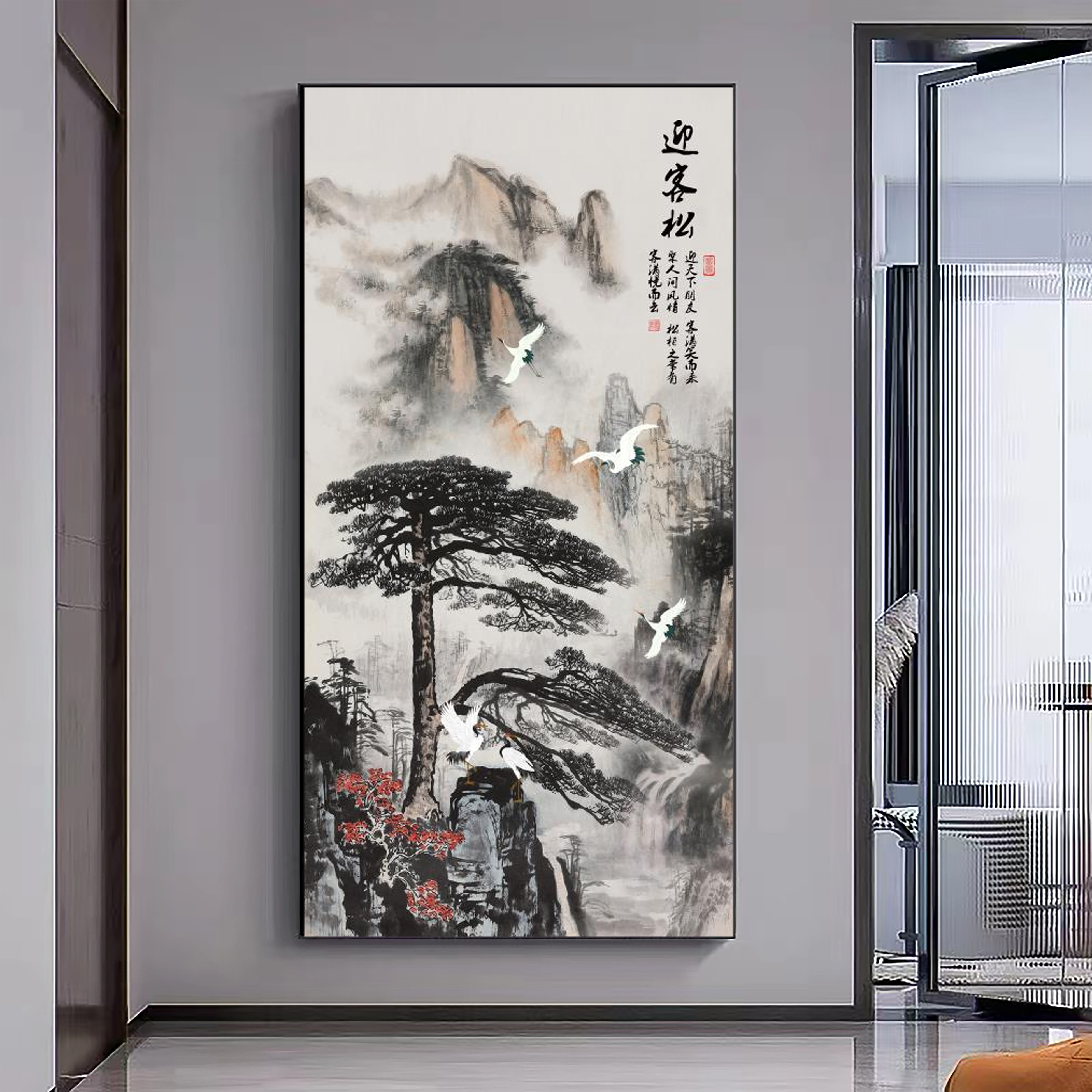迎客松入户玄关装饰走廊过道带灯挂画晶瓷镶钻竖款壁画正对入户门