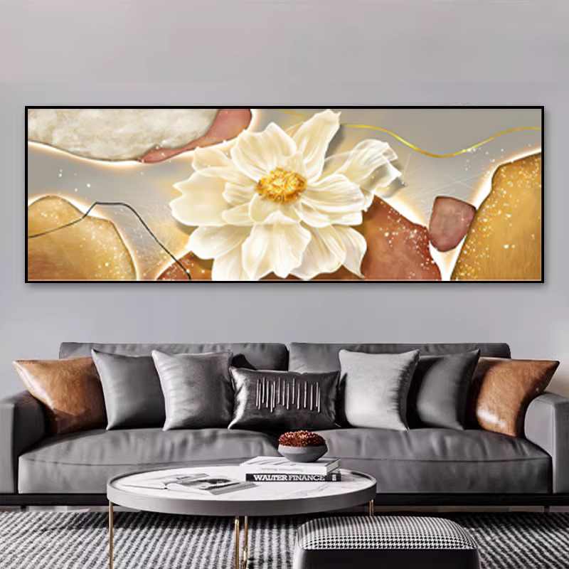 现代简约九鱼图客厅装饰画轻奢沙发背景横版带灯挂画晶瓷镶钻壁画