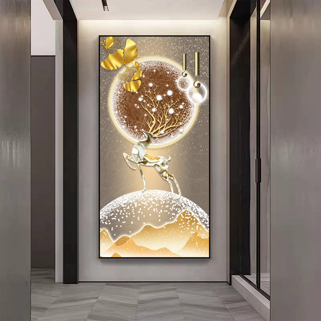 北欧现代入户门玄关带灯装饰画轻奢简约走廊过道艺术手工晶瓷版画
