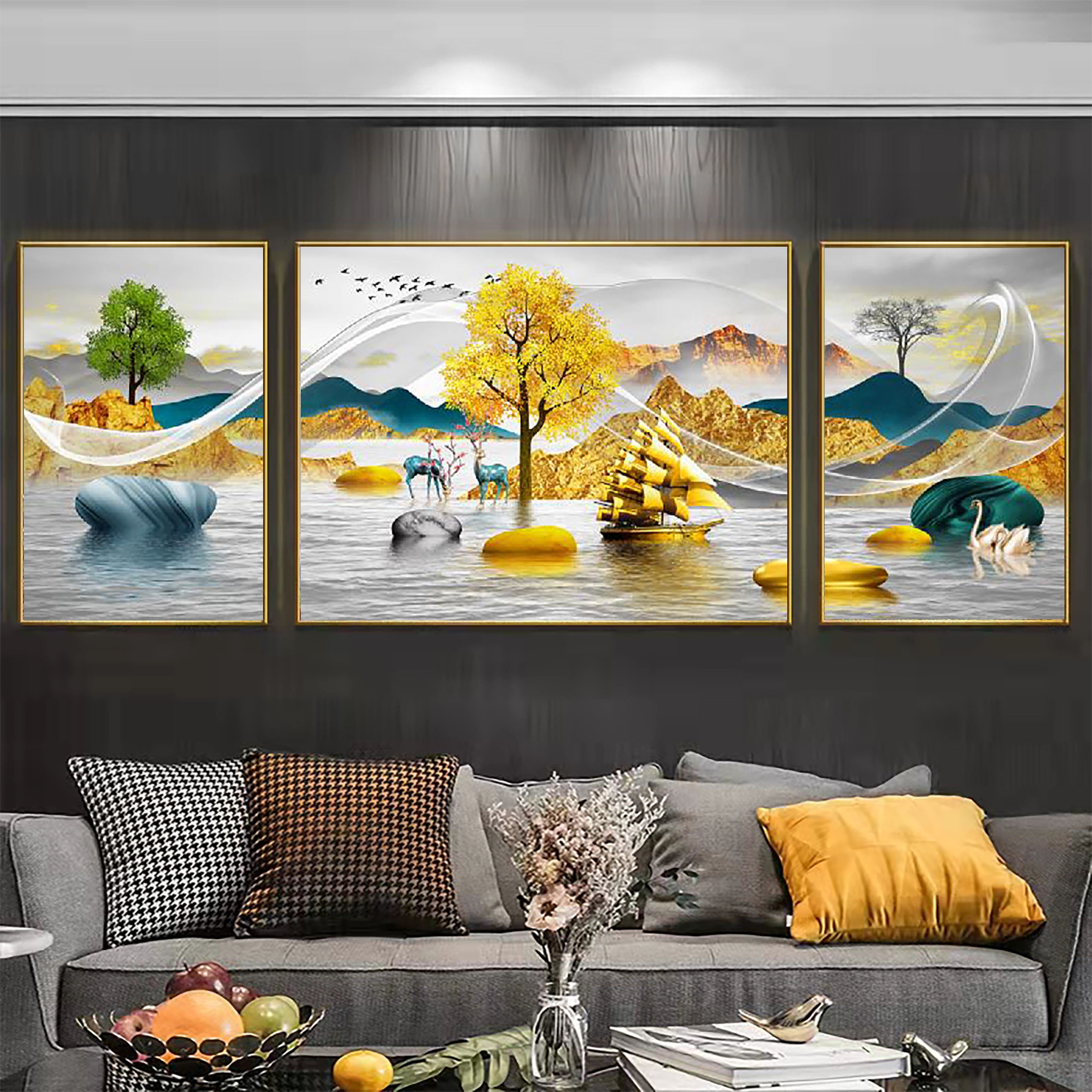新中式山水挂画客厅三联画现代轻奢沙发背景墙装饰画晶瓷镶钻壁画