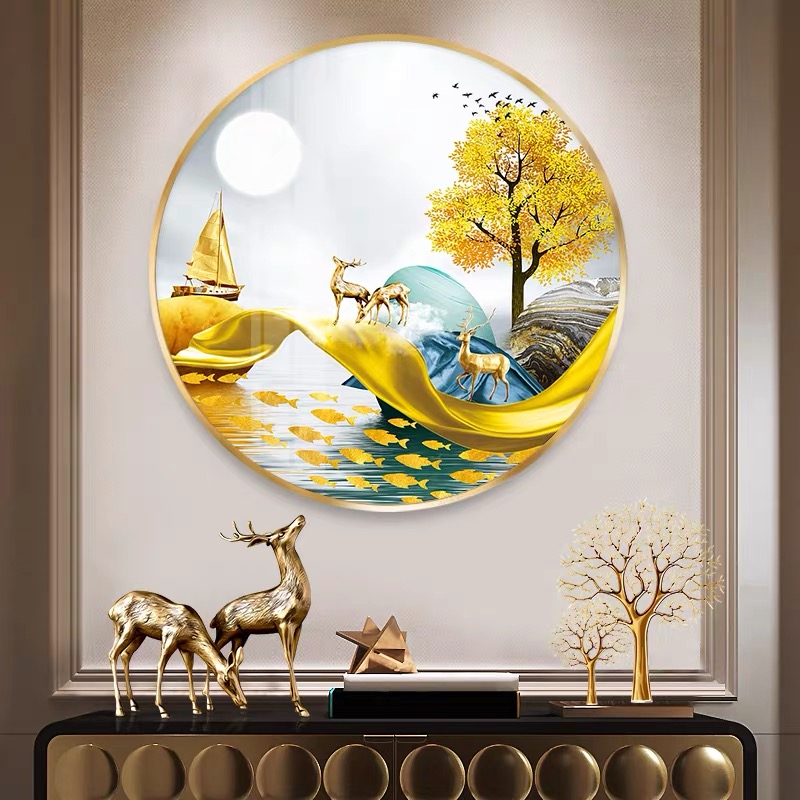 圆形不带灯画新中式入户门装饰画山水画晶瓷镶钻挂画走廊过道壁画