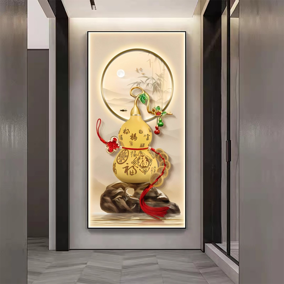新中式立体装饰画现代简约带灯走廊过道挂画壁画晶瓷镶钻福字