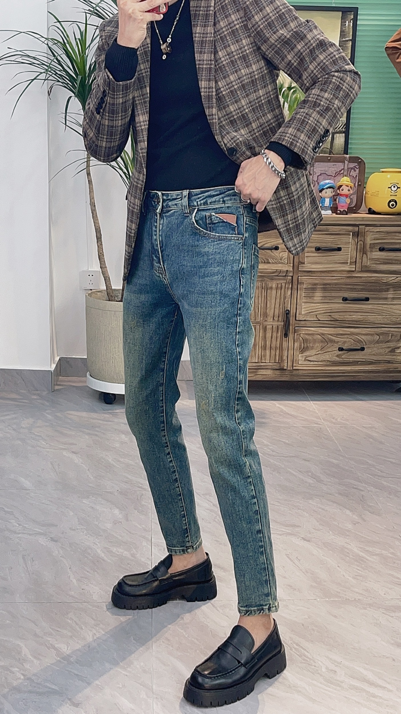 网红复古修身瘦身显腿长个性潮牌男裤男款九分高档牛仔裤7908