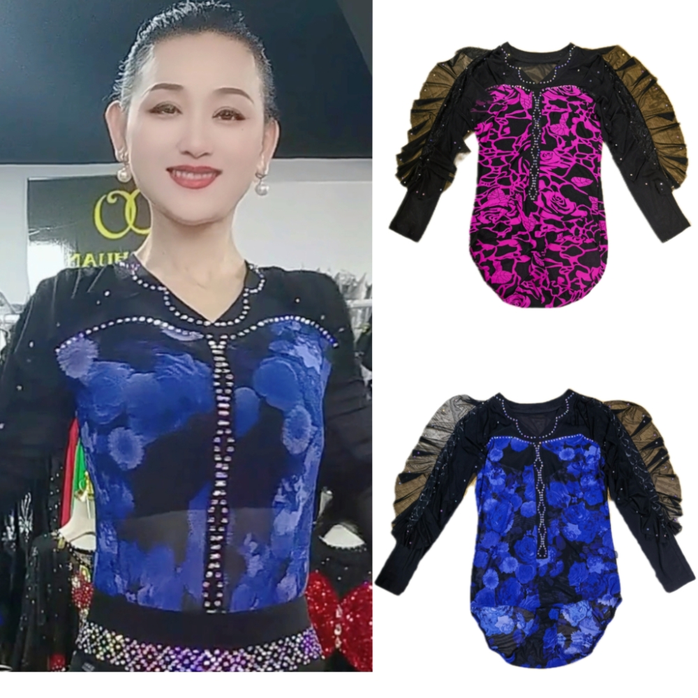 DA ER HUAN/大耳环【牡丹花仙女衫】弹力网纱三步踩广场舞服上衣