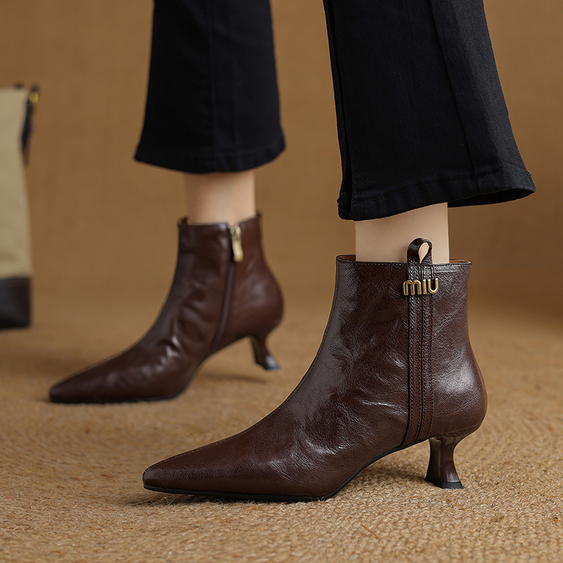 手抓羊皮5cm小跟法式气质短靴女尖头粗猫跟舒适不累百搭秋冬靴子