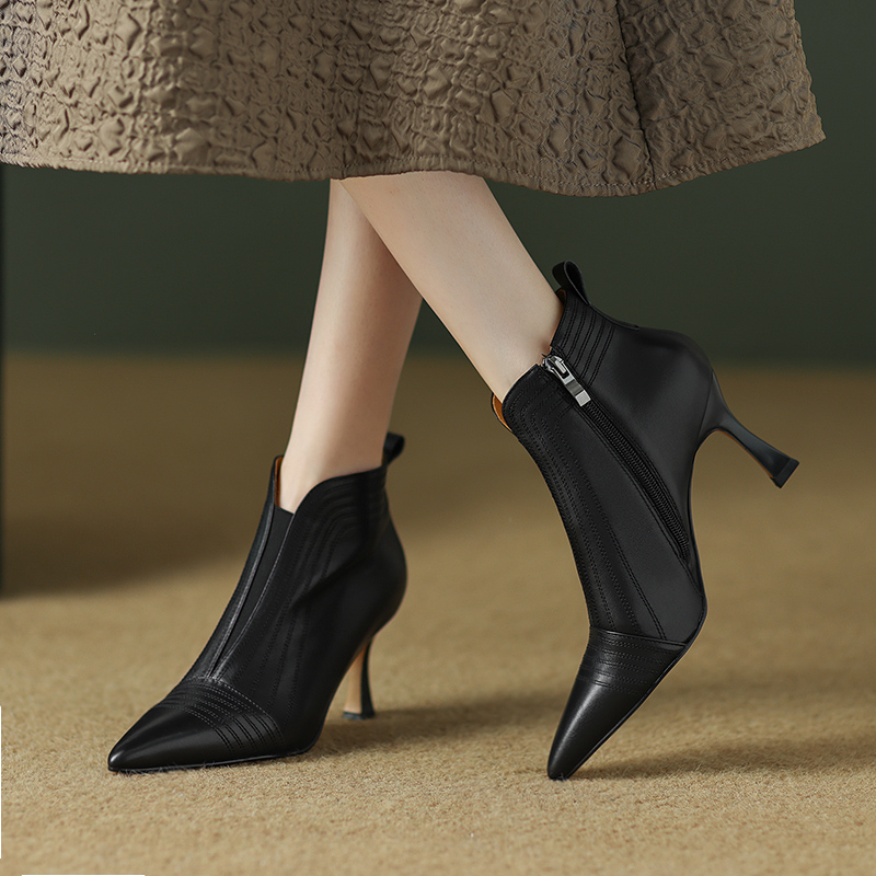 软头层牛皮/4-6cm 设计感真皮短靴女尖头细跟时尚气质高跟鞋裸靴
