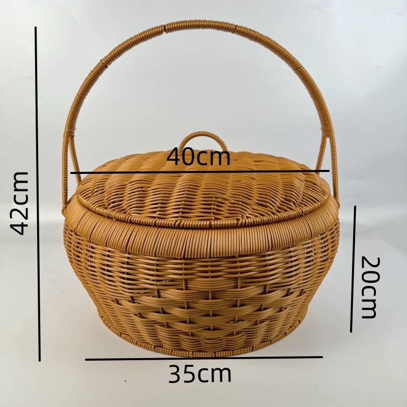 XK01仿藤手工编织编花手提篮 户外野餐篮加大号圆形拜拜篮40*20