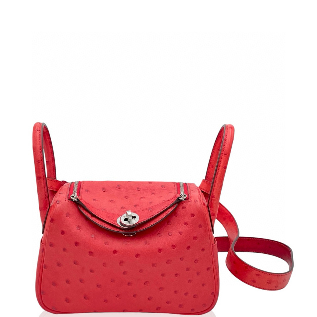99新 Hermes/爱马仕 mini lindy 20 Y 鸵鸟 心红色0925a9 