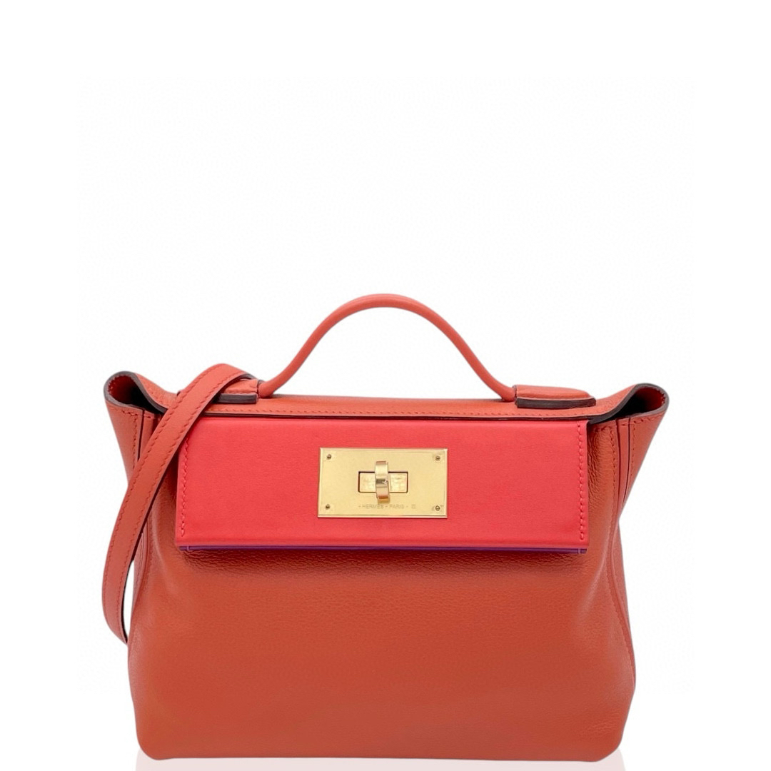 99新 Hermes/爱马仕 2424 mini U evercolor皮 泥土橘拼色0927a6 