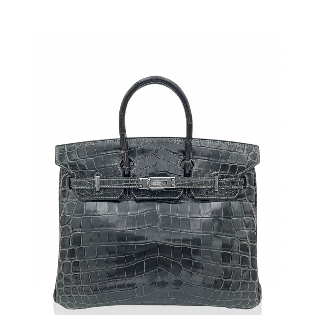 95新 Hermes/爱马仕 birkin 25 框J 亮面两点鳄鱼 石墨灰1018a2 