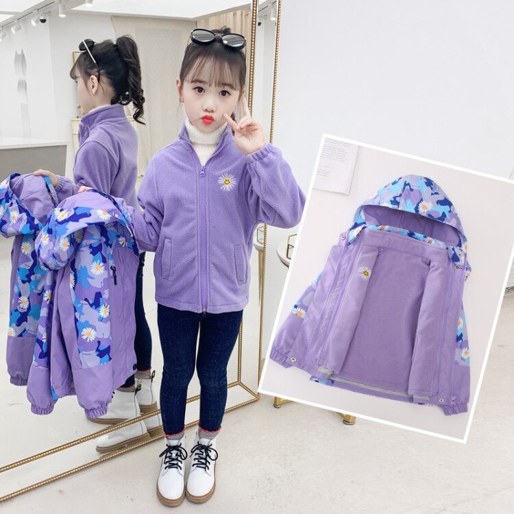 儿童可拆两件套女童7秋冲锋衣三合一加绒加厚9中大童风衣外套潮B4