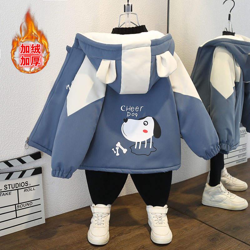 儿童派克服男童连帽卡通棉衣秋冬加绒加厚外套女童保暖风衣帅气B5