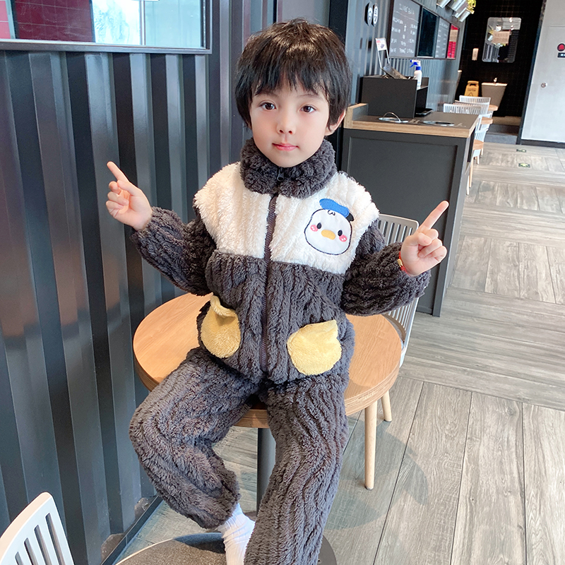 儿童珊瑚绒睡衣婴儿加绒加厚冬款男小童宝宝家居服休闲服套装A9