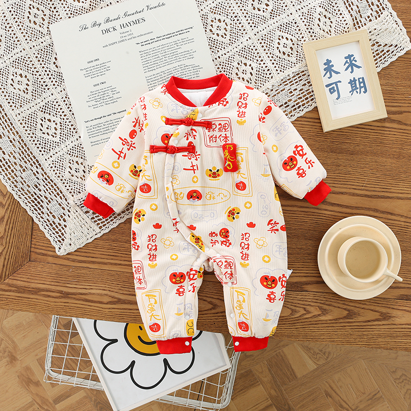 婴儿连体棉服冬季加厚哈衣保暖秋冬加绒拜年服平安喜乐薄棉哈衣B7