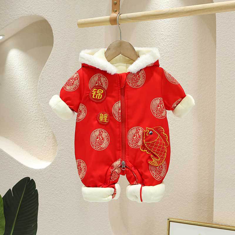 新生儿宝宝外出服新年加厚连体衣婴幼儿连帽哈衣男女童爬爬服B7