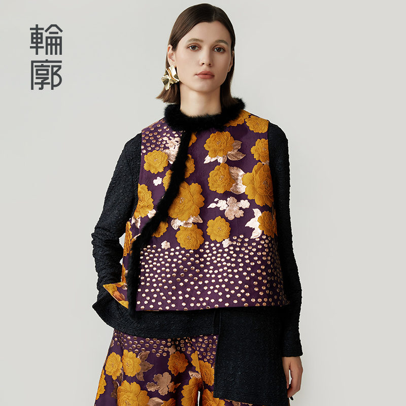 轮廓金玉满堂重工提花马甲L243Y067时尚复古民族风圆领不对称马夹