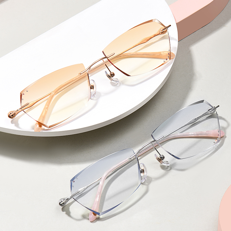 纯钛切边镶钻无框眼镜近视女优雅款可配高度数变色防蓝光防雾眼睛