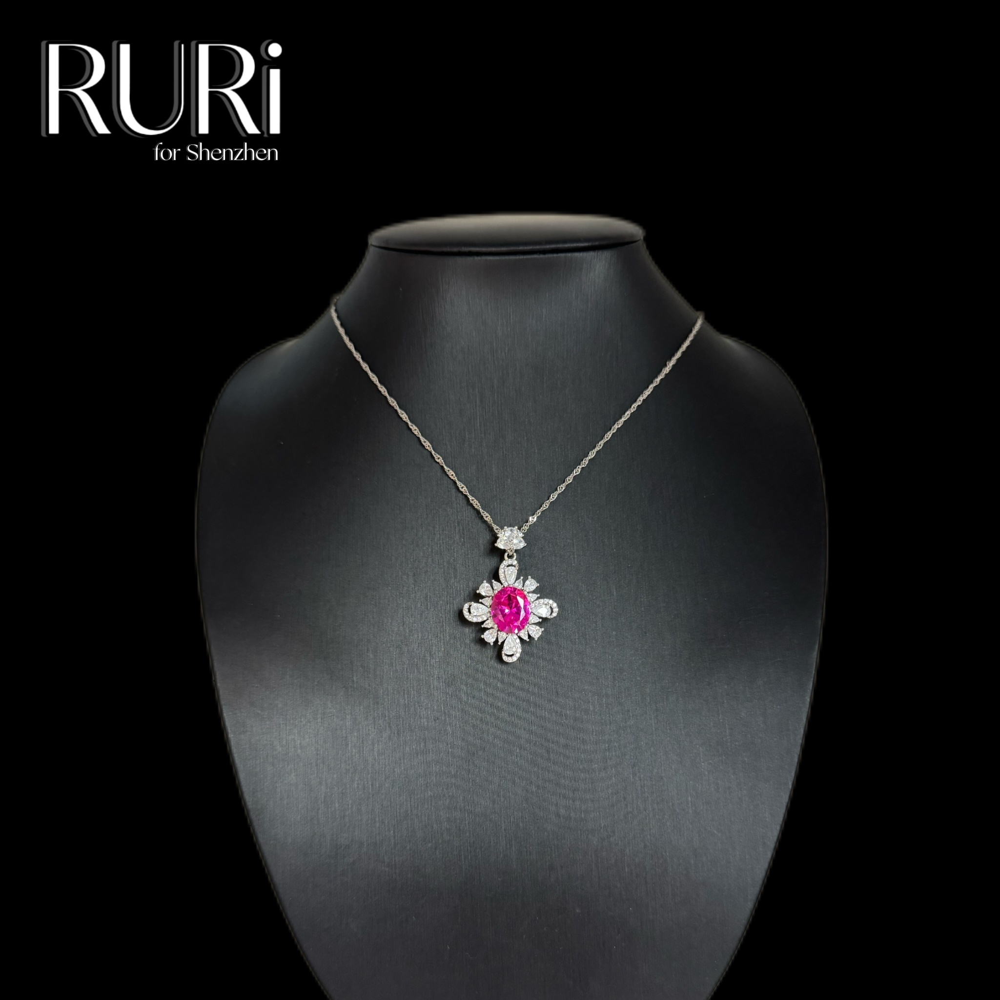 坠链均925银合成锆石 RURI  简约时尚十字花镶嵌玫红石项链 A0180