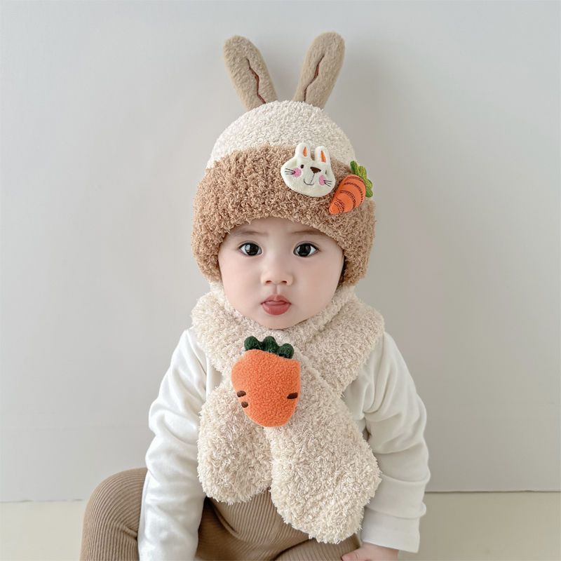 【BB】宝宝帽子秋冬季婴儿帽可爱兔子胡萝卜护耳毛线围巾套装毛绒