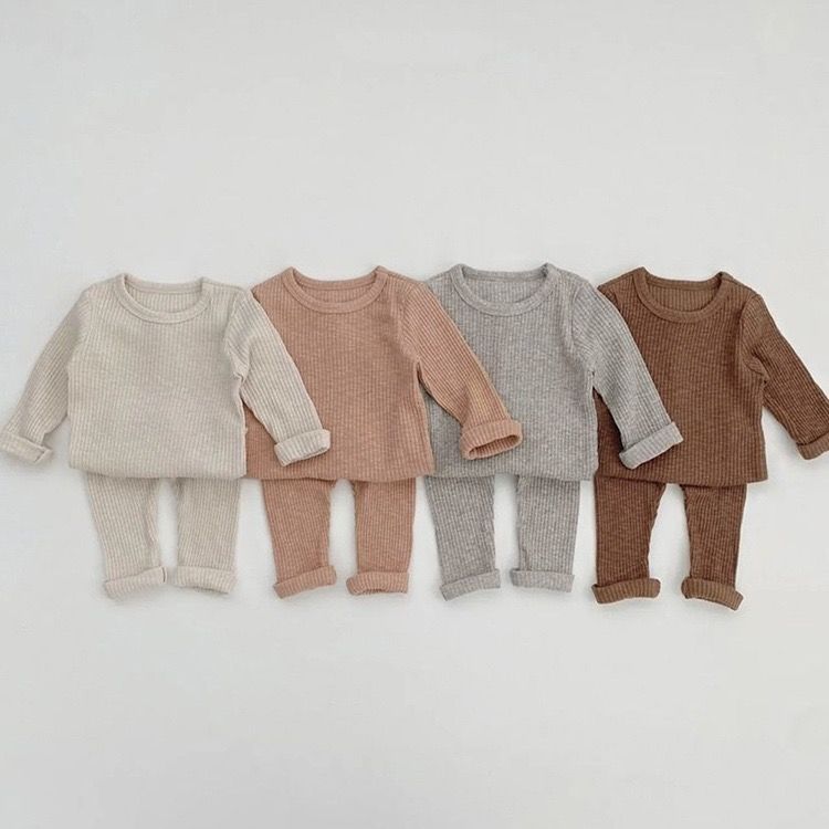 【BB】ins风婴幼儿坑条弹力舒服内衣套装男女宝宝秋冬家居睡衣打底