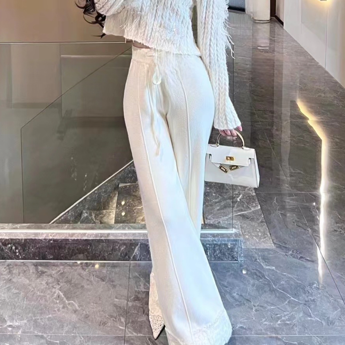 TOLYEEN2024秋冬韩系甜美设计钉珠蕾丝边拼接百搭高腰阔腿微喇裤