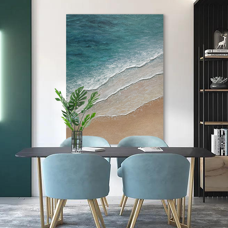简约蓝色【海滩】海景手绘油画挂画现代书房餐厅画餐厅画客厅落地画